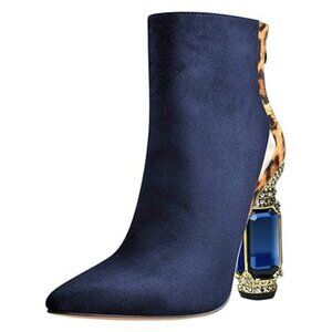 FSJ Blue Ankle Boots Crystal Chunky High Heel Pointed Toe Zipper Short Booties